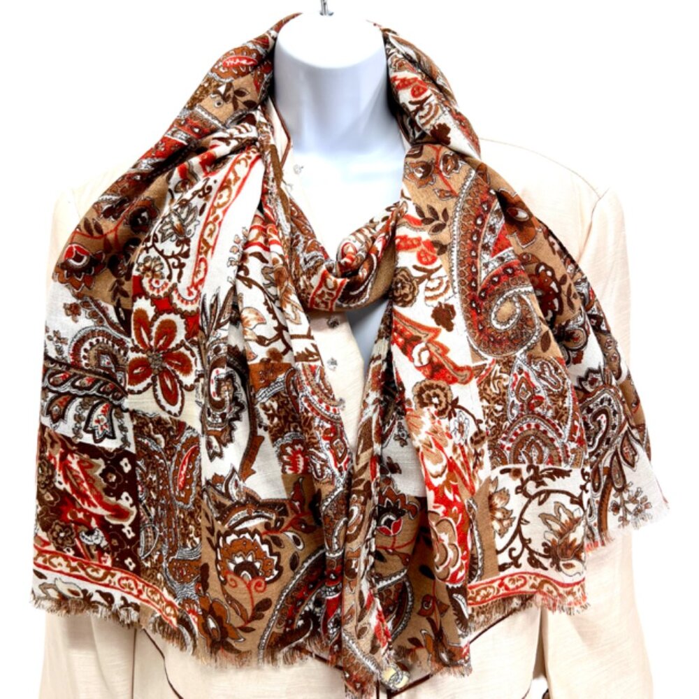 Great For Winter MOONBAT Scarf 66"x31" brown beige flora paisley, Fringed(71